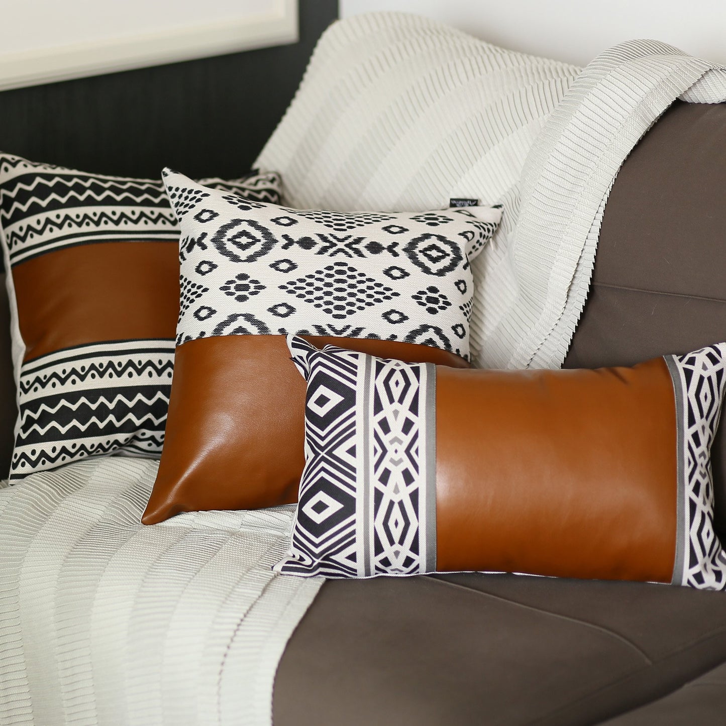 Rustic Brown Faux Leather Geometric Pillow