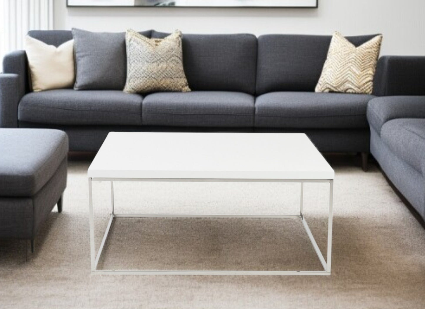 White & Silver Wood & Metal Square Frame Coffee Table image 1