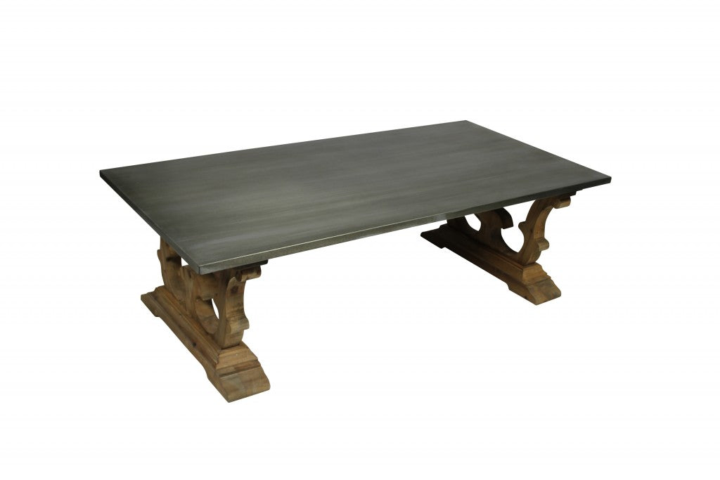 Gray & Brown Zinc & Solid Wood Pedestal Coffee Table image 2