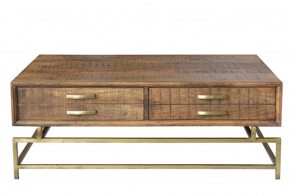 Brown & Brass Solid Wood & Metal Frame Coffee Table w/ Four Drawers image 2
