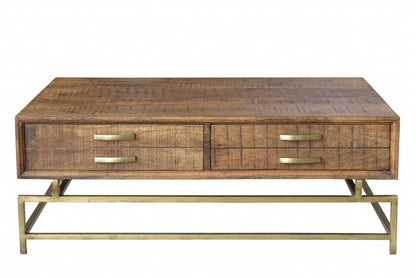 Brown & Brass Solid Wood & Metal Frame Coffee Table w/ Four Drawers image 2