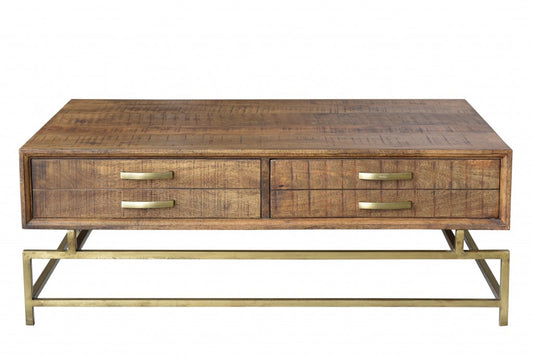 Brown & Brass Solid Wood & Metal Frame Coffee Table w/ Four Drawers image 2