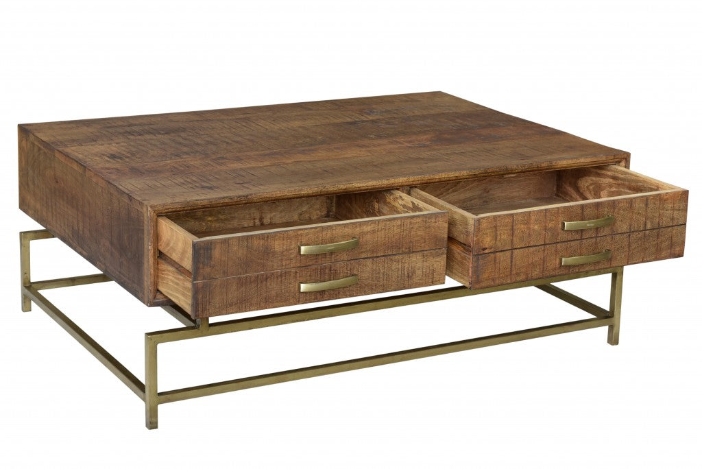Brown & Brass Solid Wood & Metal Frame Coffee Table w/ Four Drawers image 3