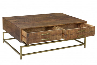 Brown & Brass Solid Wood & Metal Frame Coffee Table w/ Four Drawers image 3