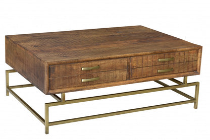 Brown & Brass Solid Wood & Metal Frame Coffee Table w/ Four Drawers image 4