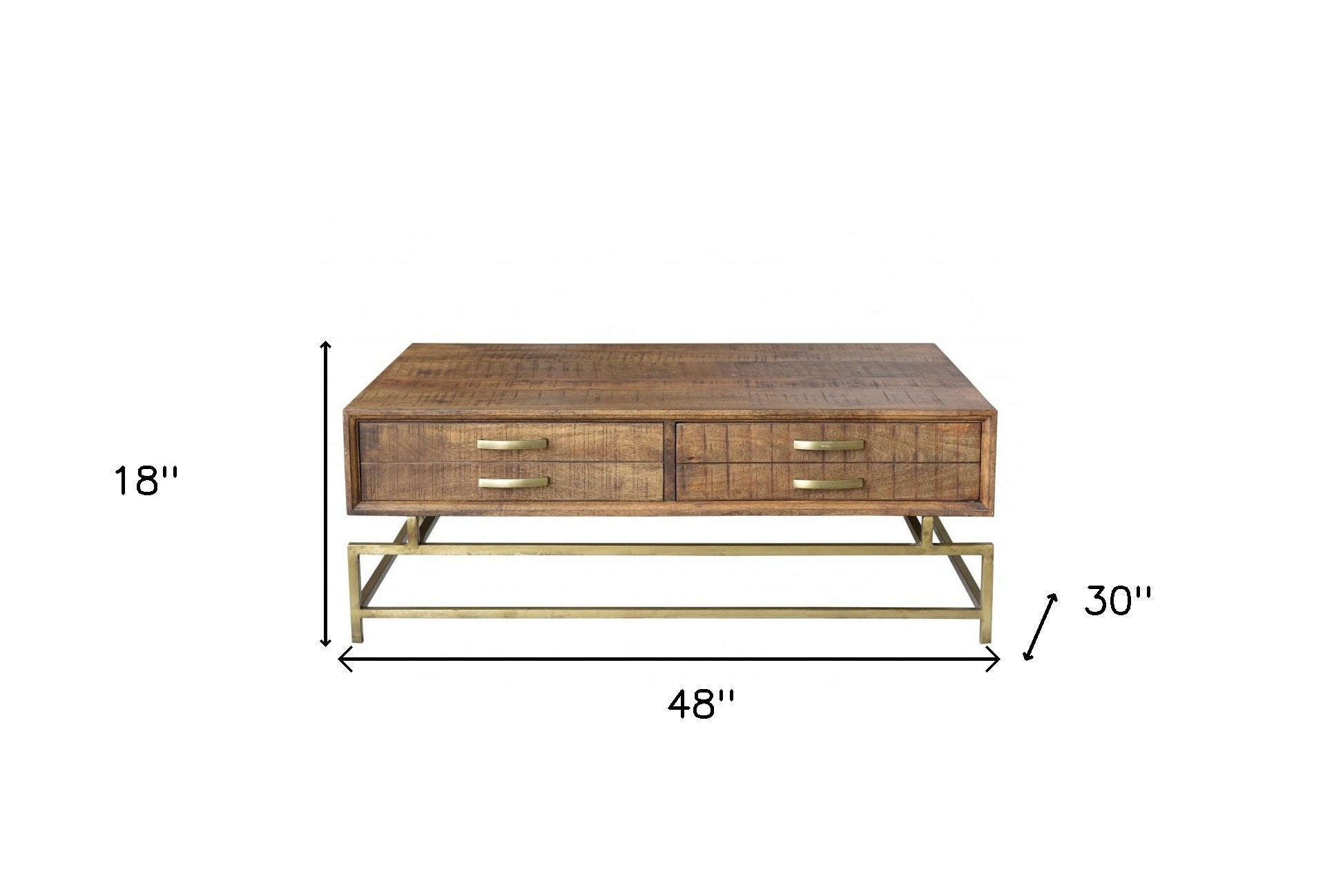 Brown & Brass Solid Wood & Metal Frame Coffee Table w/ Four Drawers image 8