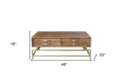 Brown & Brass Solid Wood & Metal Frame Coffee Table w/ Four Drawers image 8