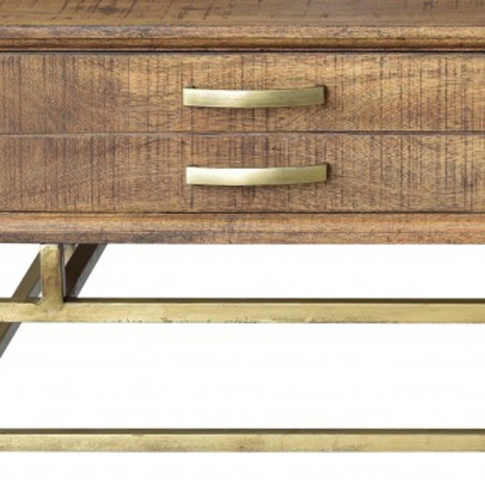 Brown & Brass Solid Wood & Metal Frame Coffee Table w/ Four Drawers image 6