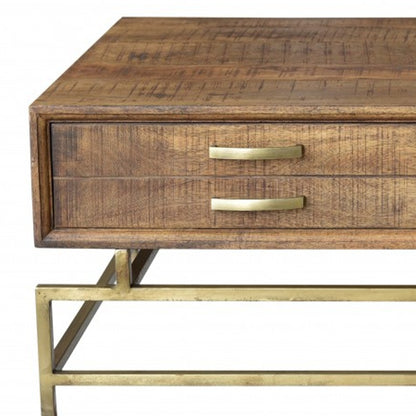 Brown & Brass Solid Wood & Metal Frame Coffee Table w/ Four Drawers image 7