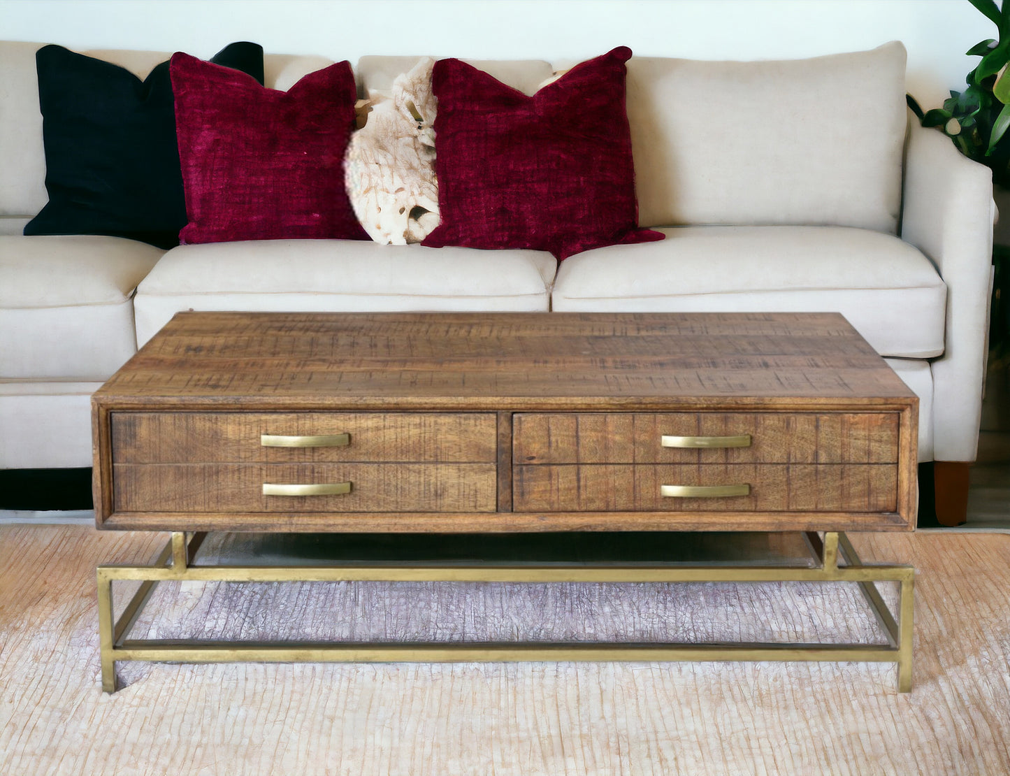 Brown & Brass Solid Wood & Metal Frame Coffee Table w/ Four Drawers image 1