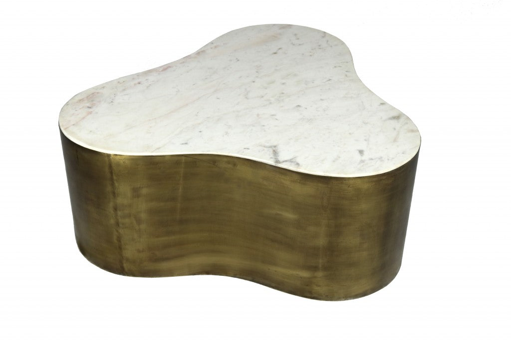 White & Brass Genuine Marble & Iron Free Form Solid Coffee Table image 3