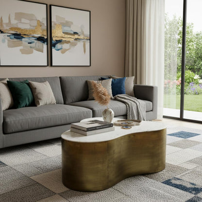 White & Brass Genuine Marble & Iron Free Form Solid Coffee Table image 1