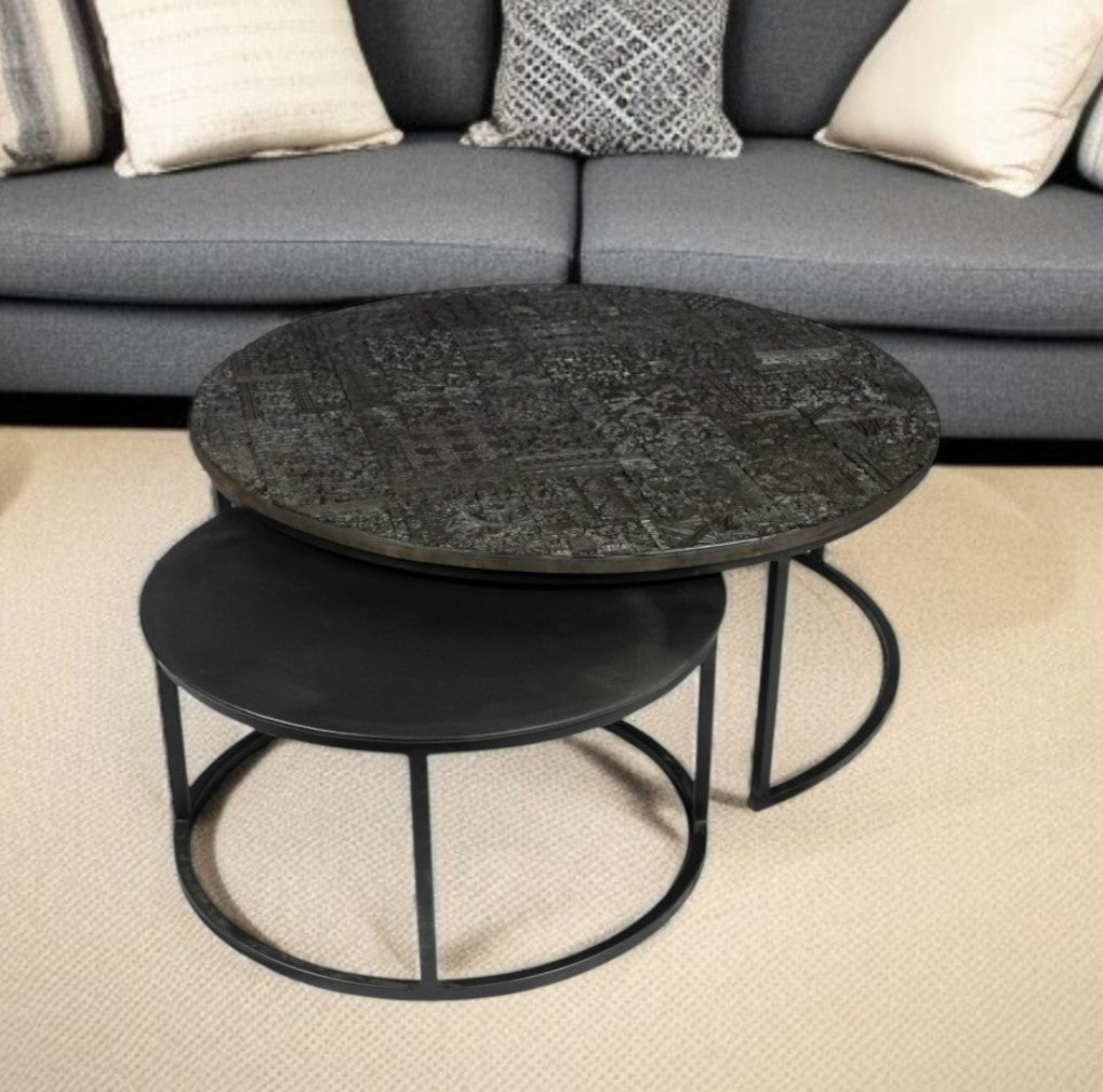 Set of 2 Black Iron Round Frame Nested Coffee Tables image 1
