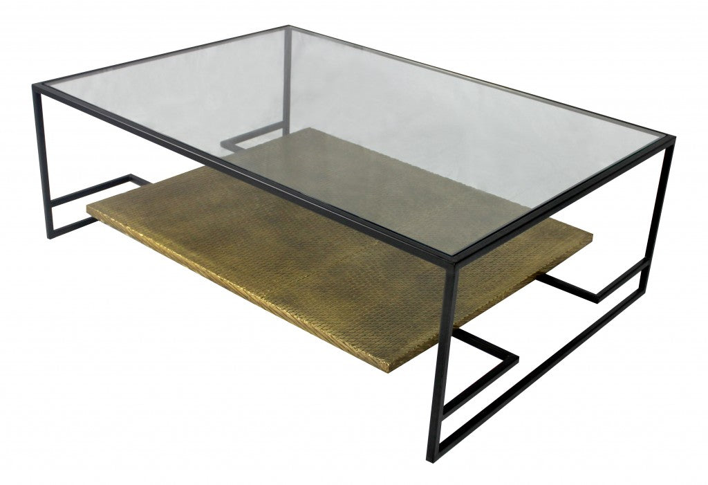 Clear & Black Glass & Iron Floor Shelf Coffee Table w/ Shelf image 3