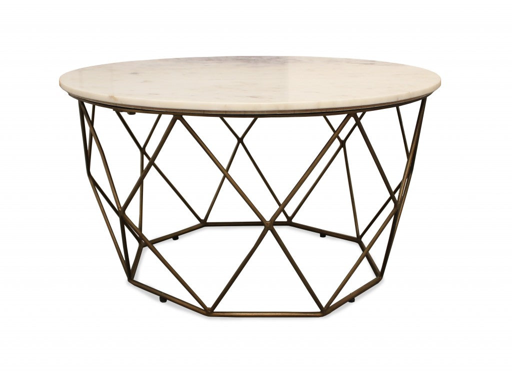 Ivory & Brass Genuine Marble & Metal Round Frame Coffee Table image 2