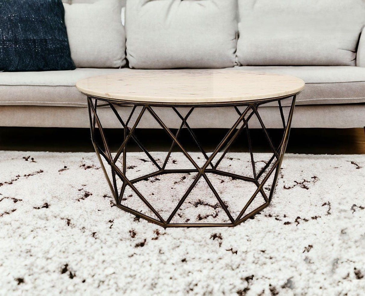 Ivory & Brass Genuine Marble & Metal Round Frame Coffee Table image 1