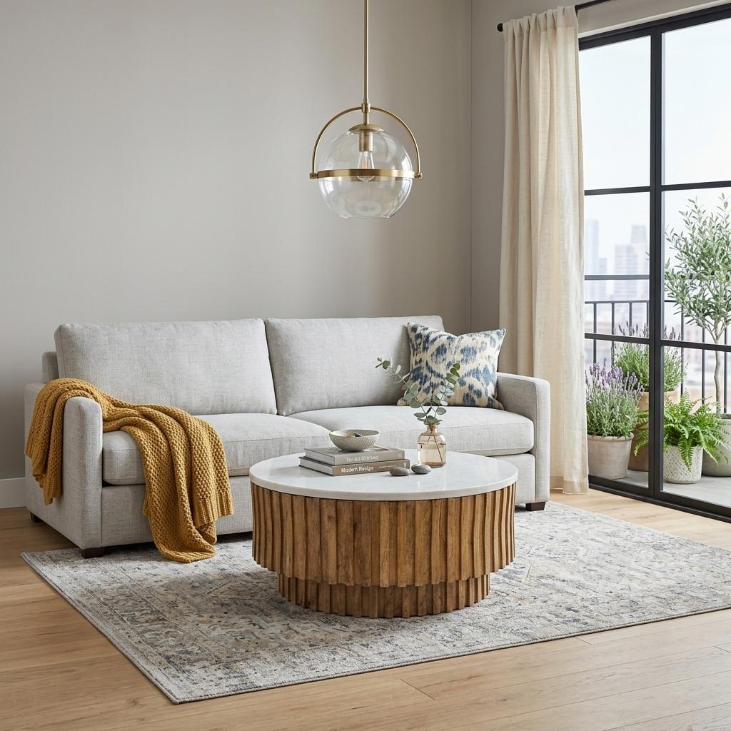 Ivory & Natural Genuine Marble & Solid Wood Round Solid Coffee Table image 1
