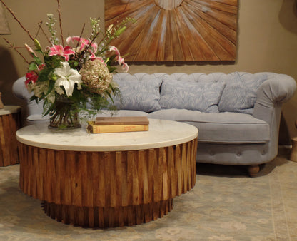 Round Marble Top & Wooden Strips Coffee Table