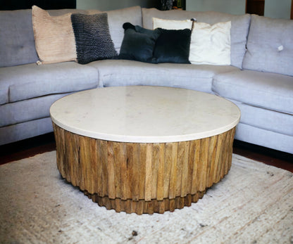 Round Marble Top & Wooden Strips Coffee Table