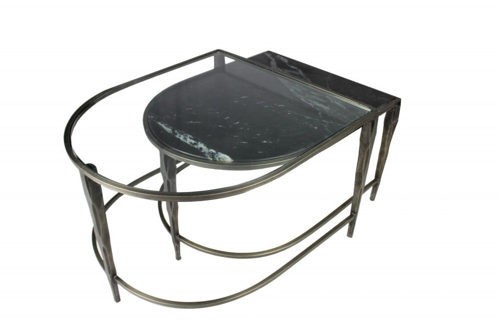 Set of 2 Black Marble Top & Glass Coffee Tables