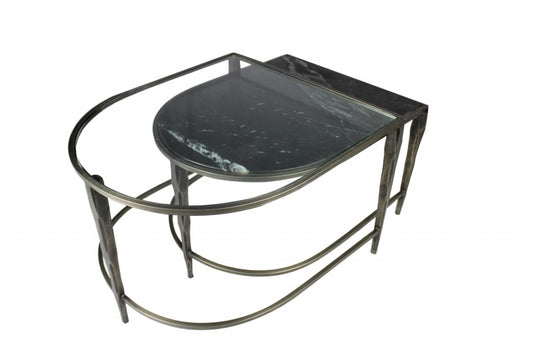 Set of 2 Black Marble Top & Glass Coffee Tables