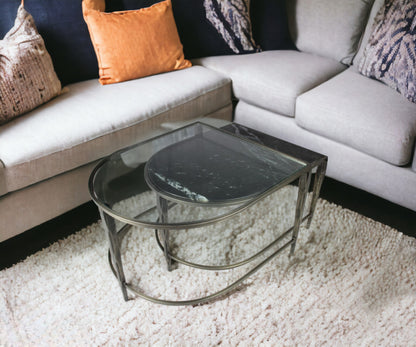 Set of 2 Black Marble Top & Glass Coffee Tables
