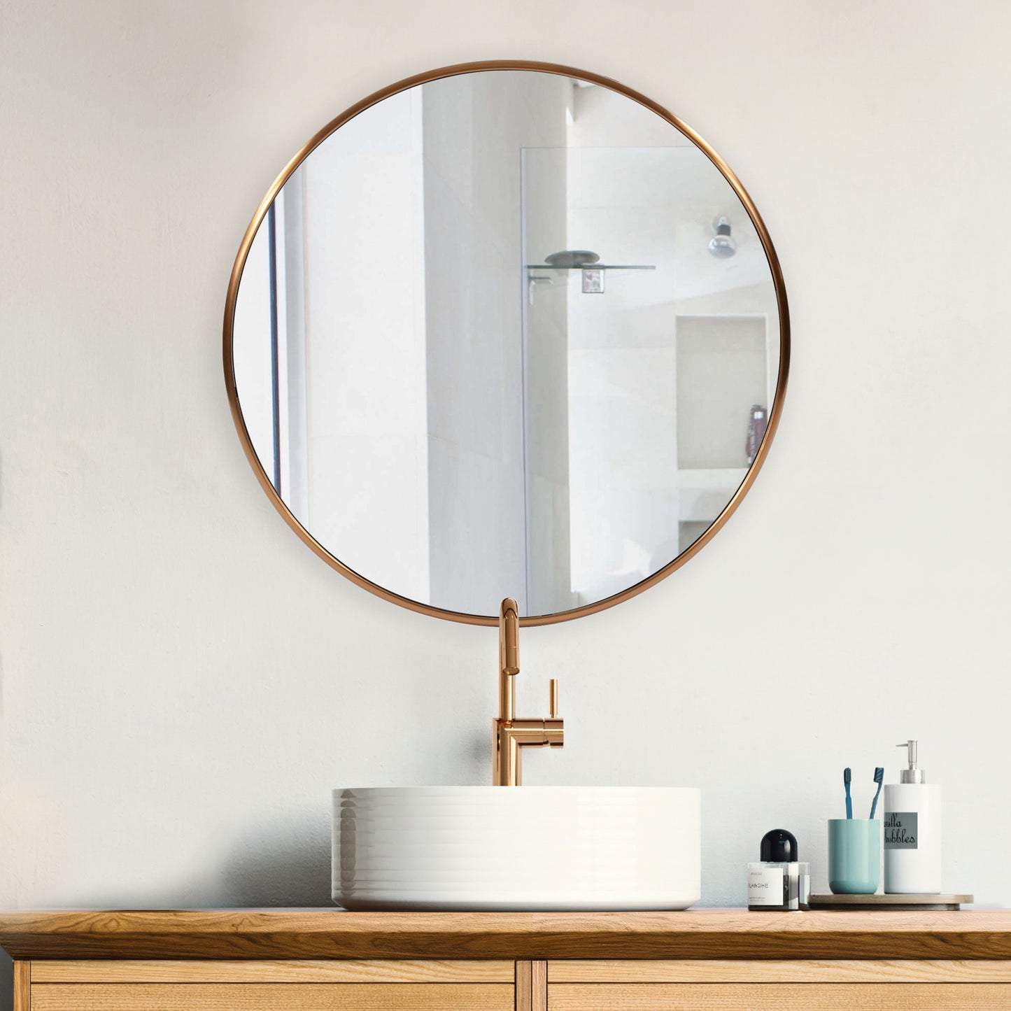 Antiqued Brushed Brass Round Wall Mirror