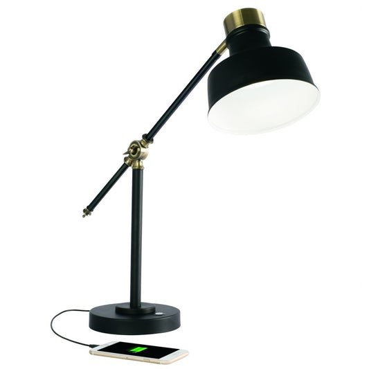 Matte Black & Antiqued Brass Adjustable Desk Lamp