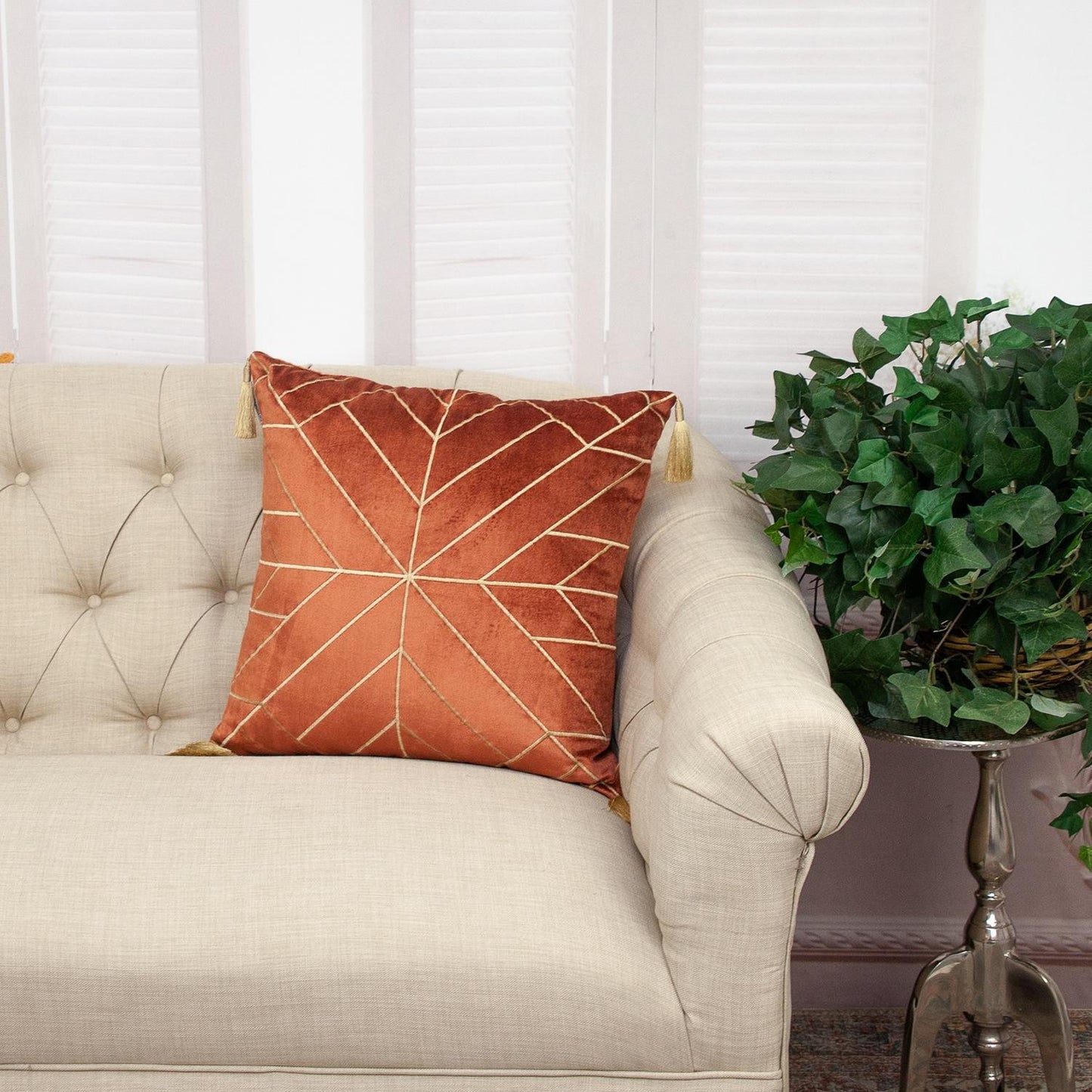 Burnt Orange & Gold Geo Velvet Pillow w/ Gold Tassels