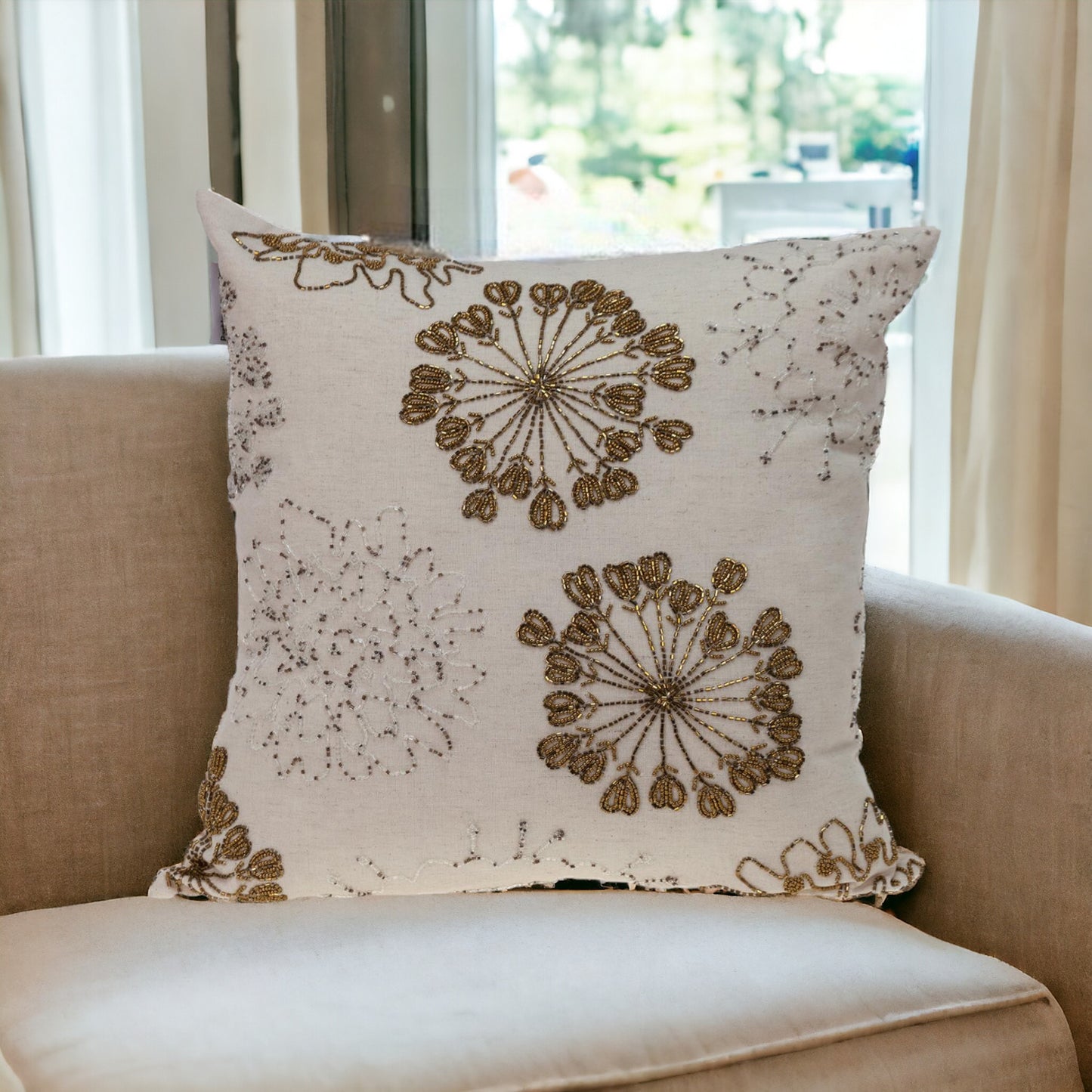 Natural & Golden Metallic Beaded Pillow