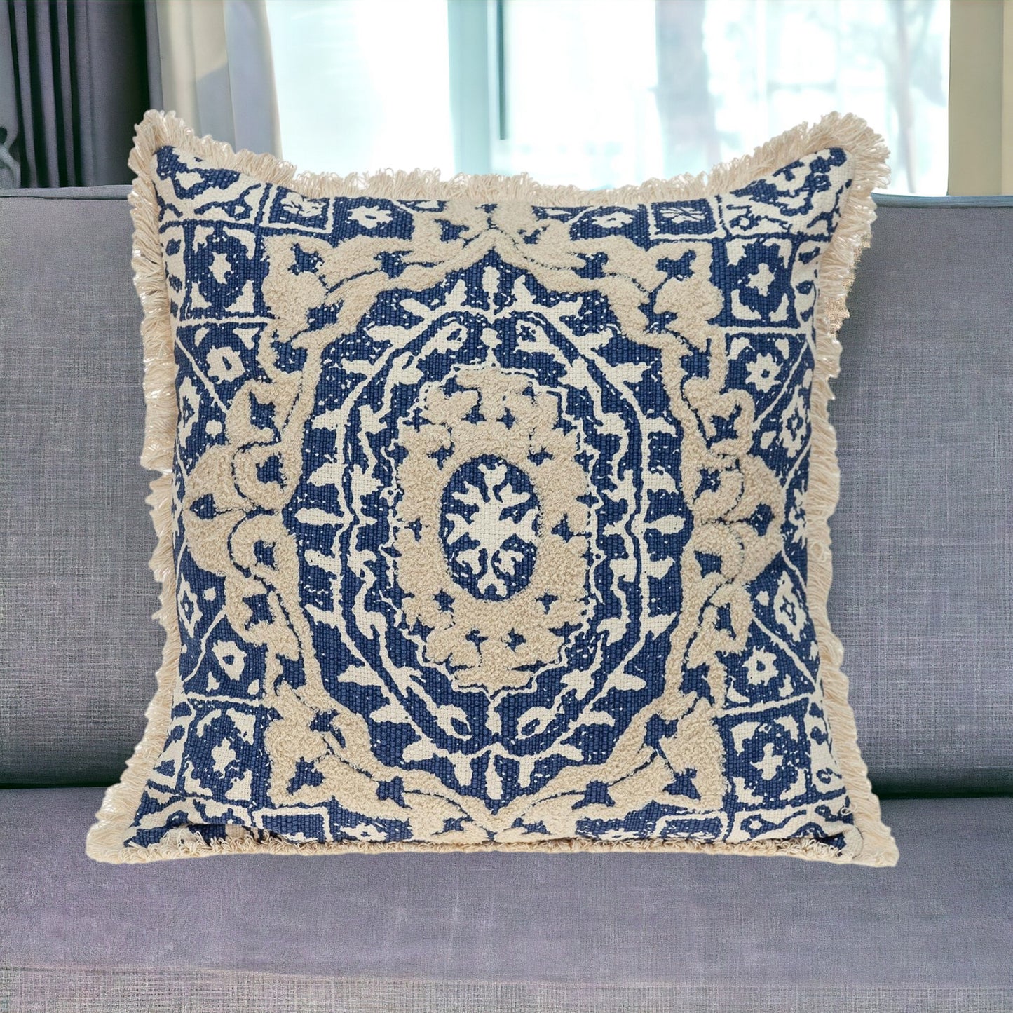 Boho Garland Beige & Navy Blue Accent Pillow
