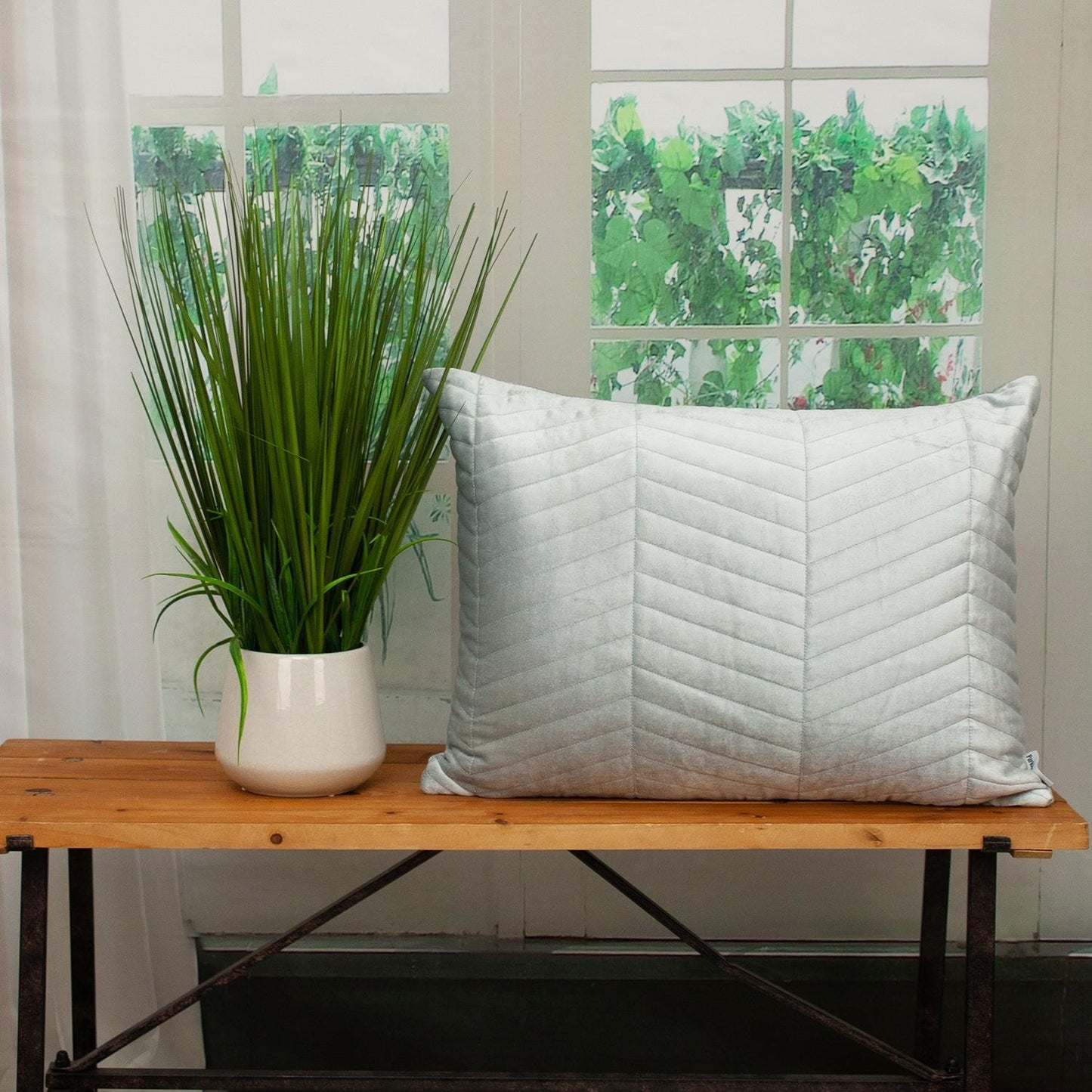 Gray Quilted Velvet Zig Zag Lumbar Pillow