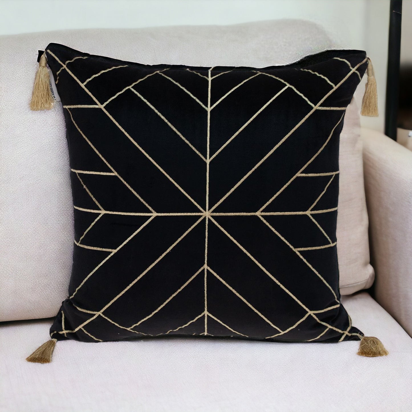 Black & Gold Geo Velvet Pillow w/ Gold Tassels