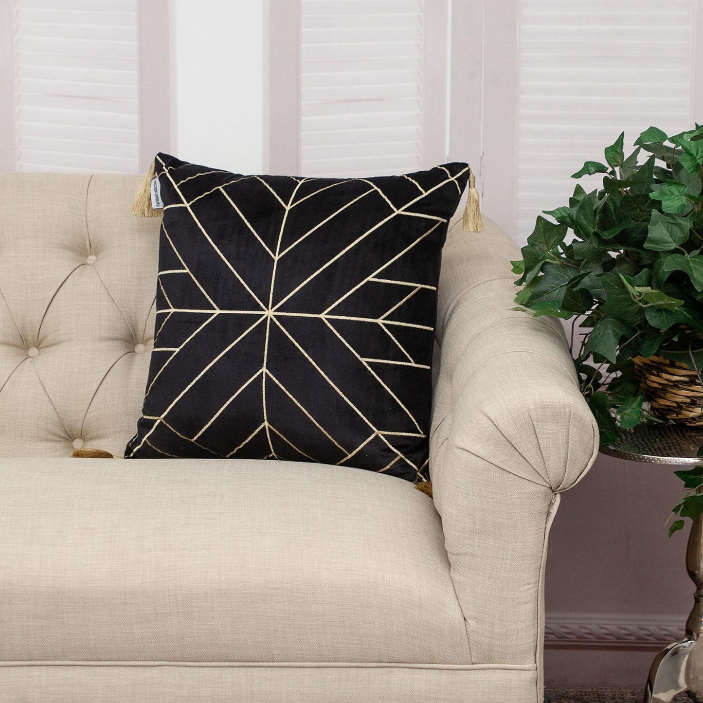 Black & Gold Geo Velvet Pillow w/ Gold Tassels