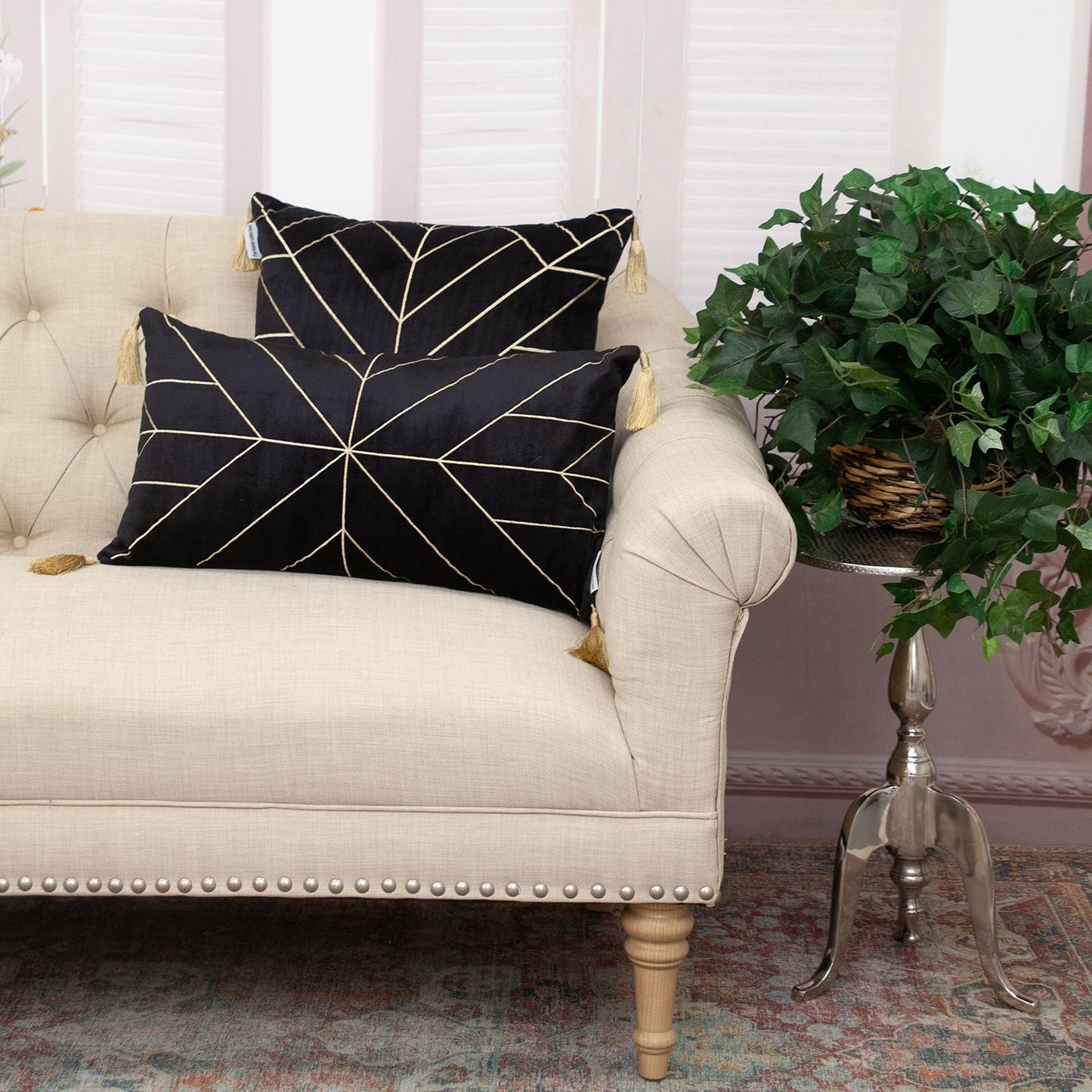 Black & Gold Geo Velvet Pillow w/ Gold Tassels