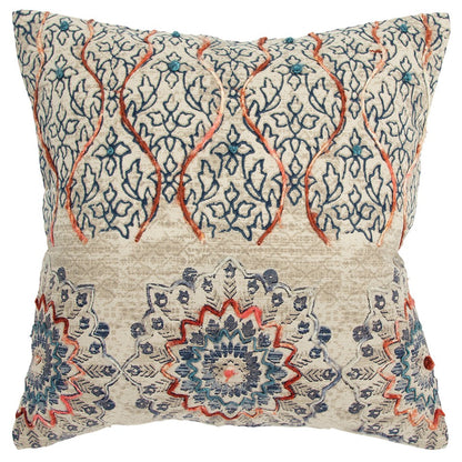 Beige Blue Distressed Floral Pattern Pillow