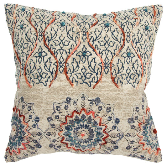 Beige Blue Distressed Floral Pattern Pillow
