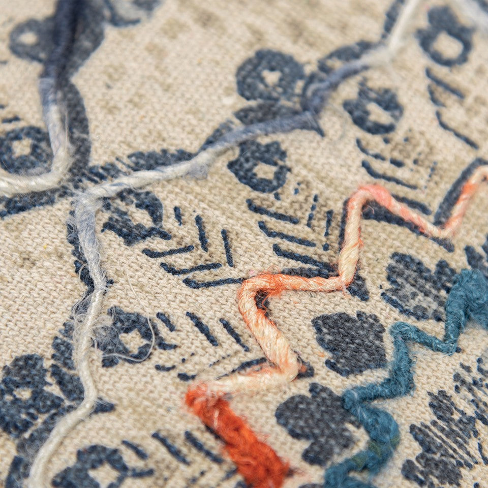 Beige Blue Distressed Floral Pattern Pillow