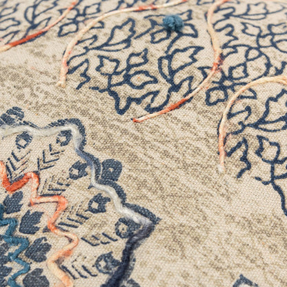 Beige Blue Distressed Floral Pattern Pillow