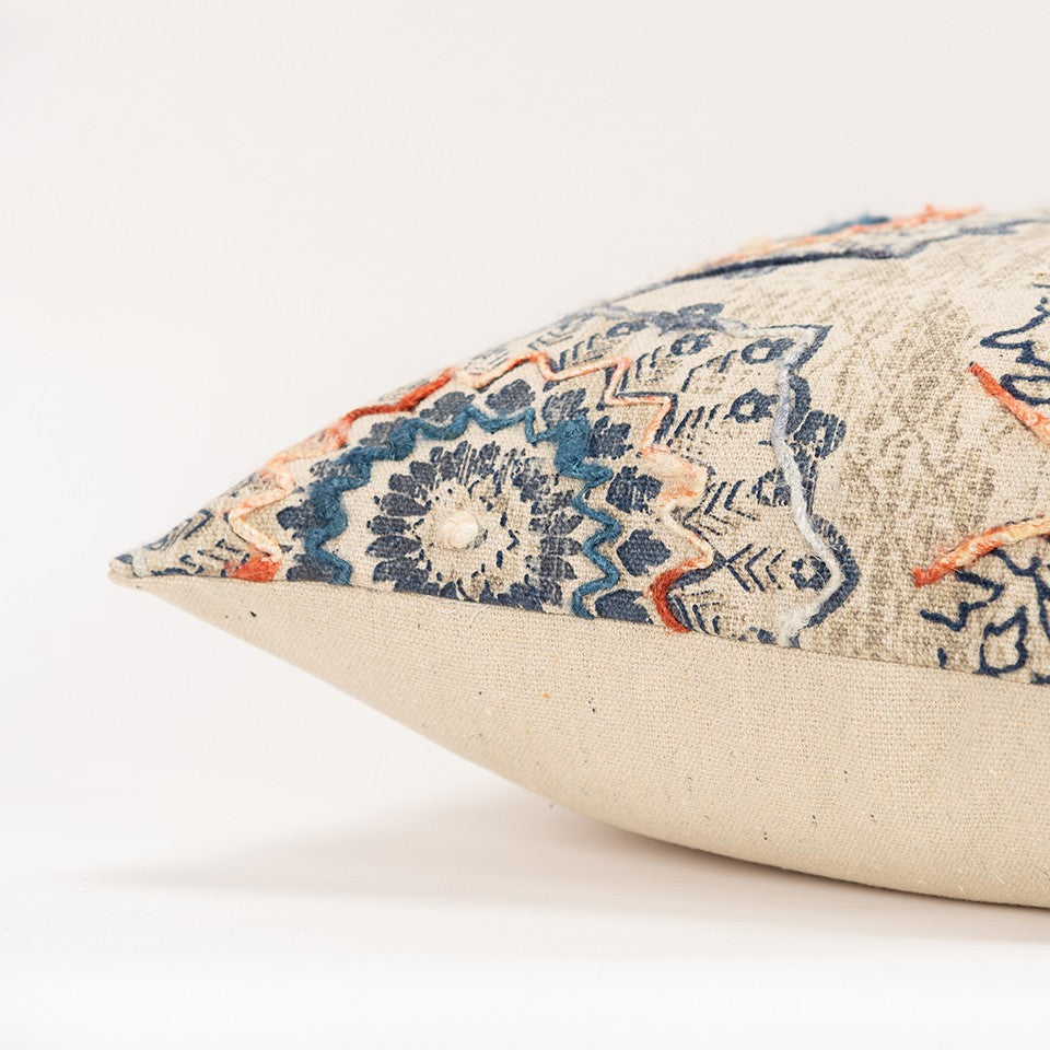 Beige Blue Distressed Floral Pattern Pillow