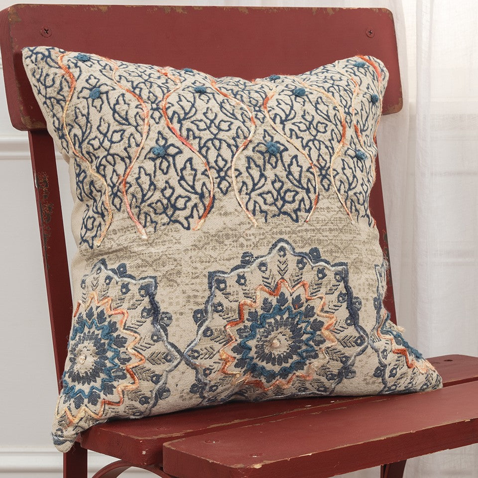 Beige Blue Distressed Floral Pattern Pillow