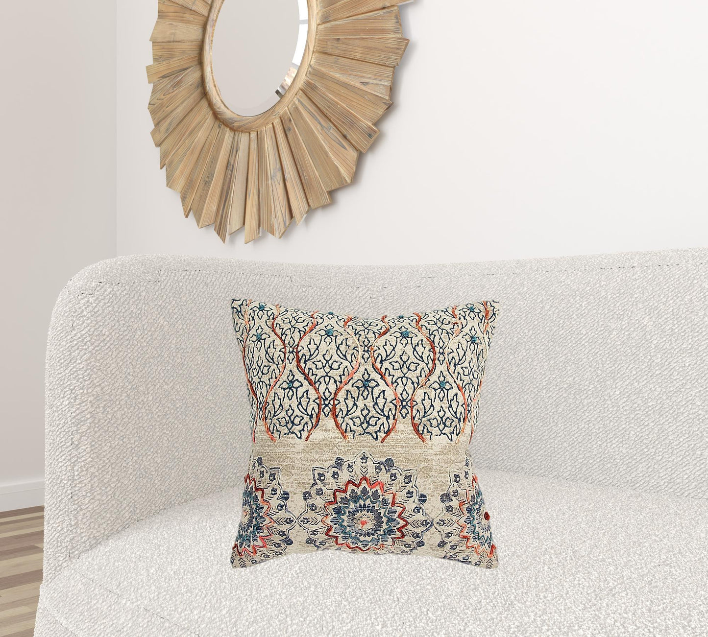 Beige Blue Distressed Floral Pattern Pillow
