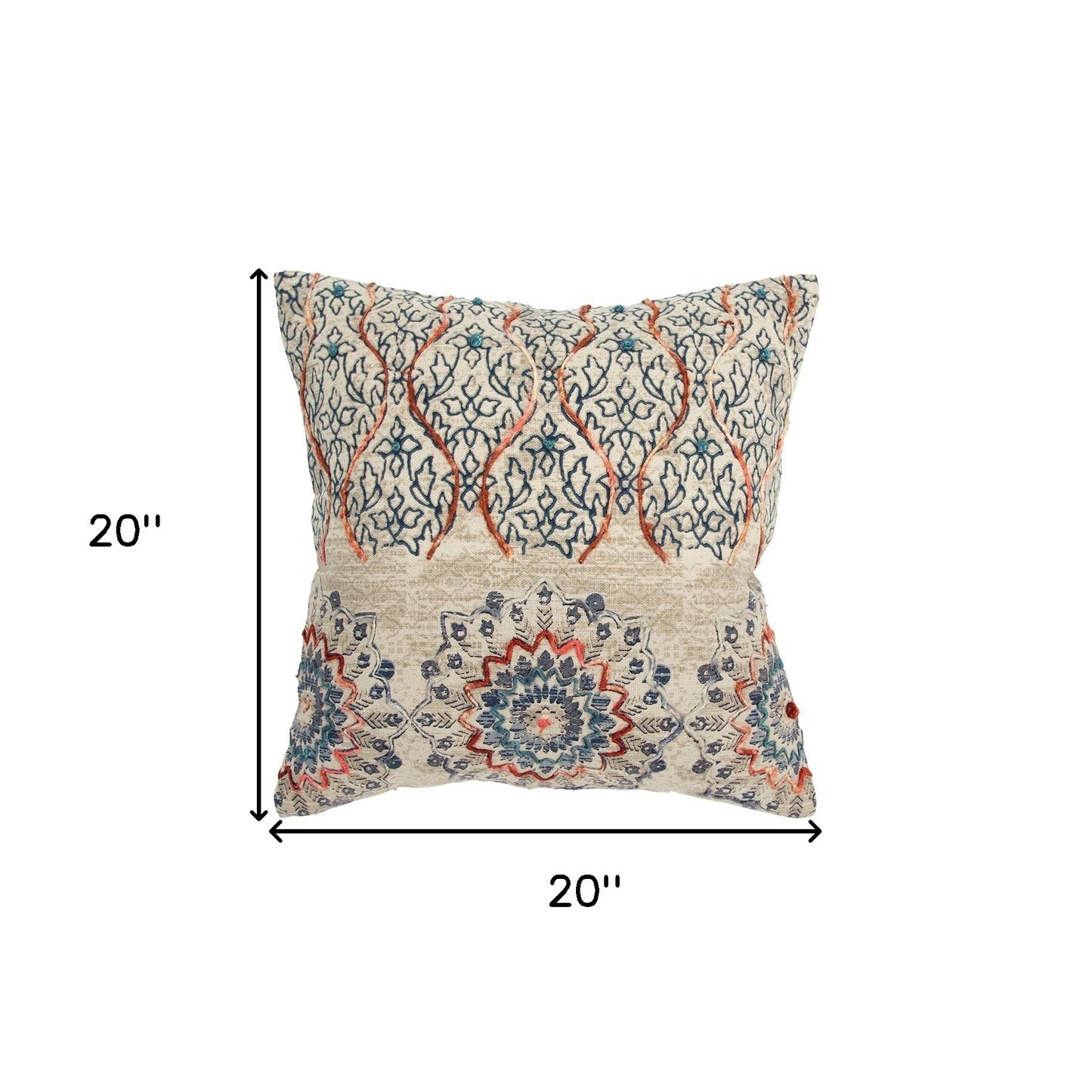 Beige Blue Distressed Floral Pattern Pillow
