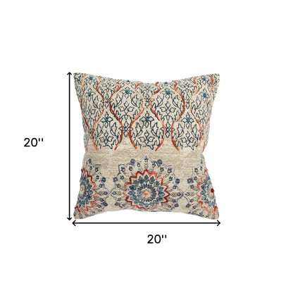 Beige Blue Distressed Floral Pattern Pillow