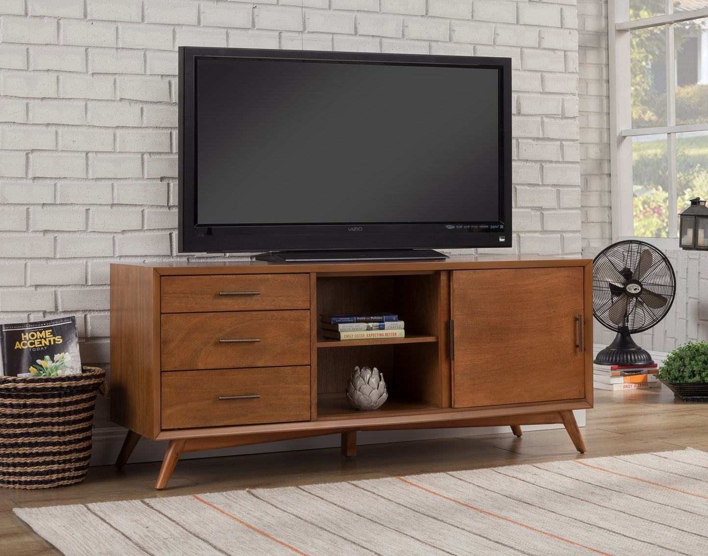 Brown Media Console w/ Drawers & Sliding Door