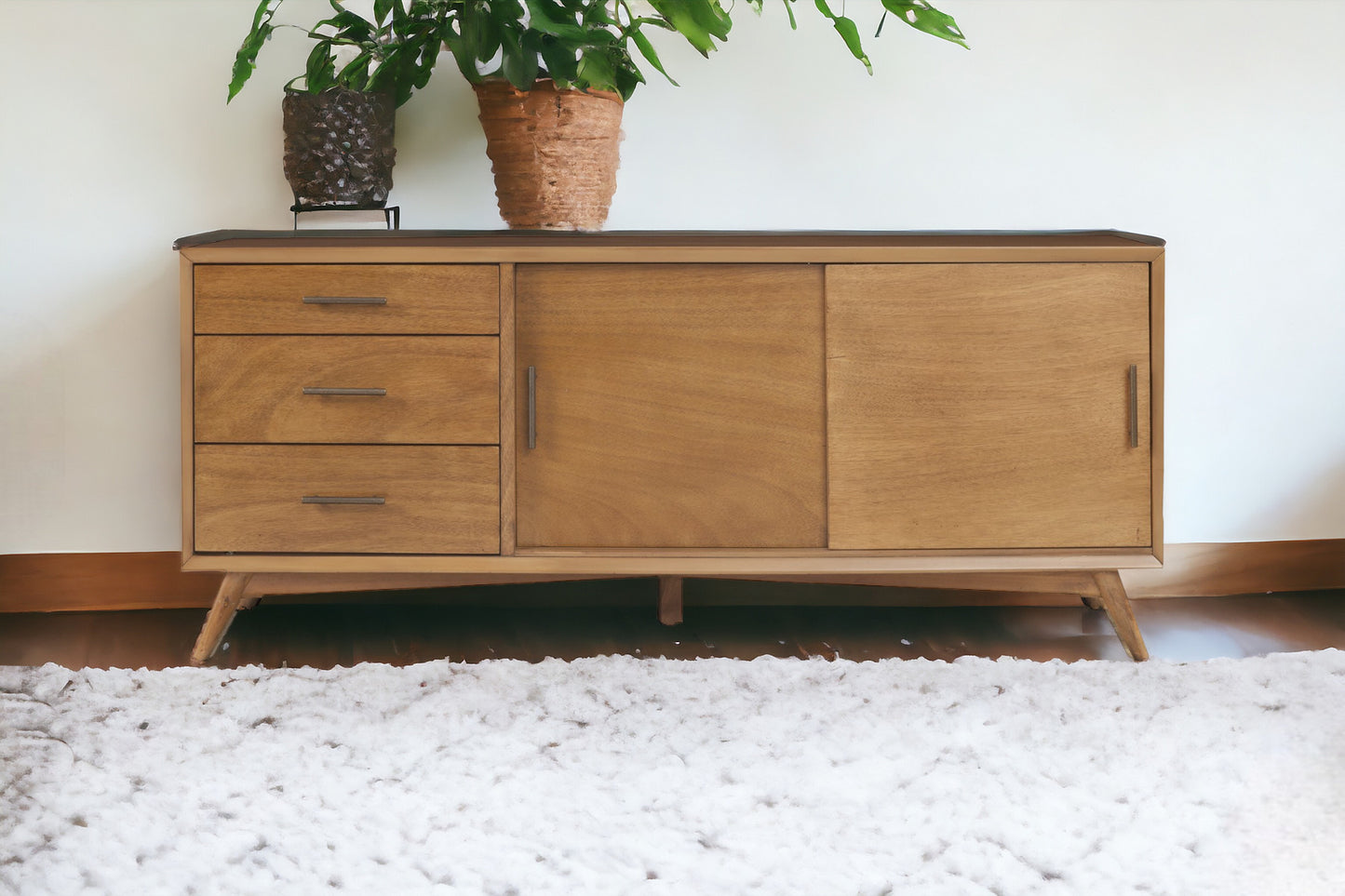 Brown Media Console w/ Drawers & Sliding Door