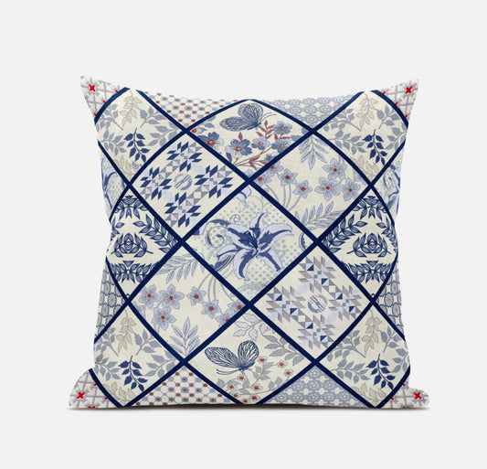 White Navy Patch Suede Pillow