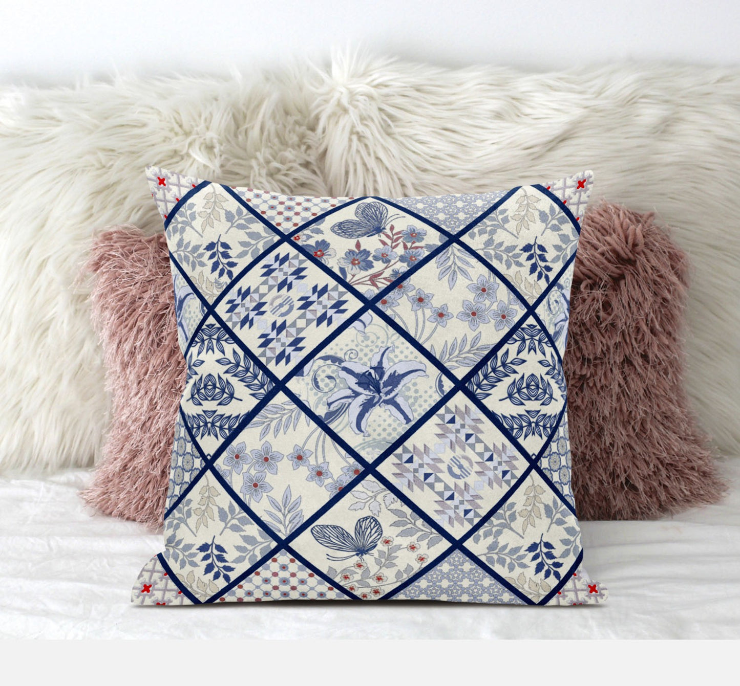 White Navy Patch Suede Pillow