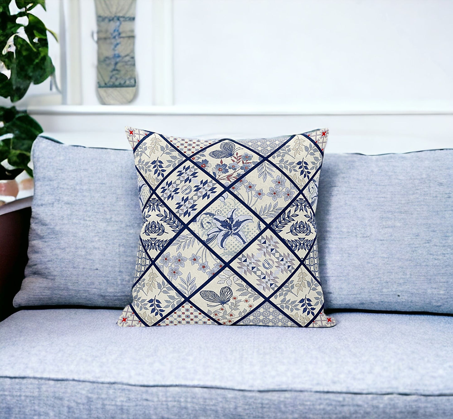 White Navy Patch Suede Pillow