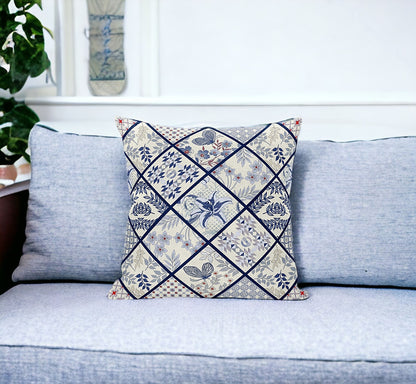 White Navy Patch Suede Pillow